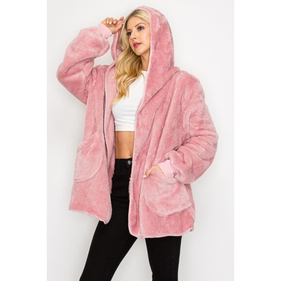 NEW Boutique Hooded Teddy Jacket Cozy Sherpa Fleece Weekend Furry Soft Warm Pink - Picture 1 of 6